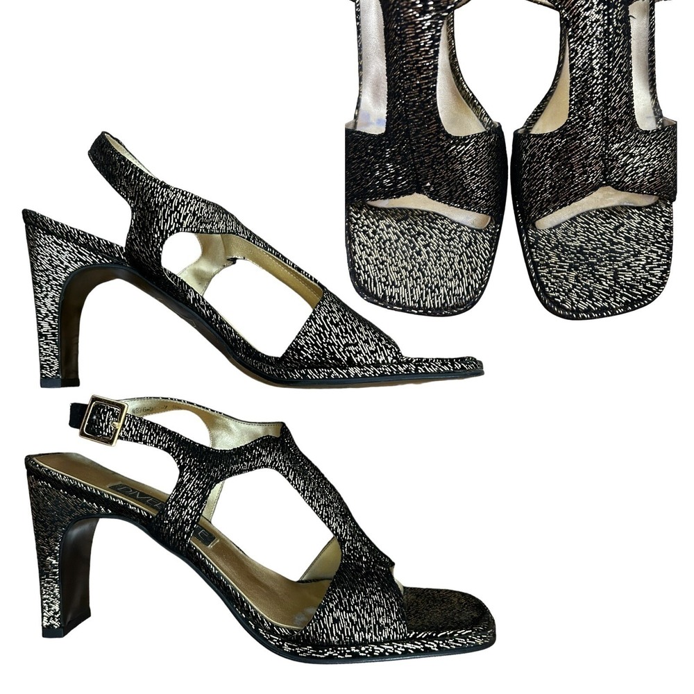 DIVERTENTE Gold Black Metallic Squared Heels Sandals 8 Retro Disco Party Sparkle